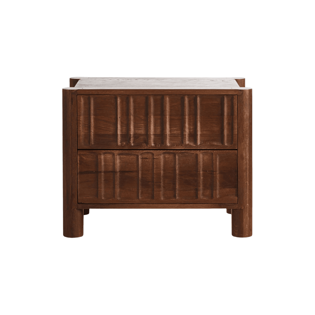 Wooden two-drawer bedside table with vertical ribbed fronts and sturdy legs, in a rich brown finish.