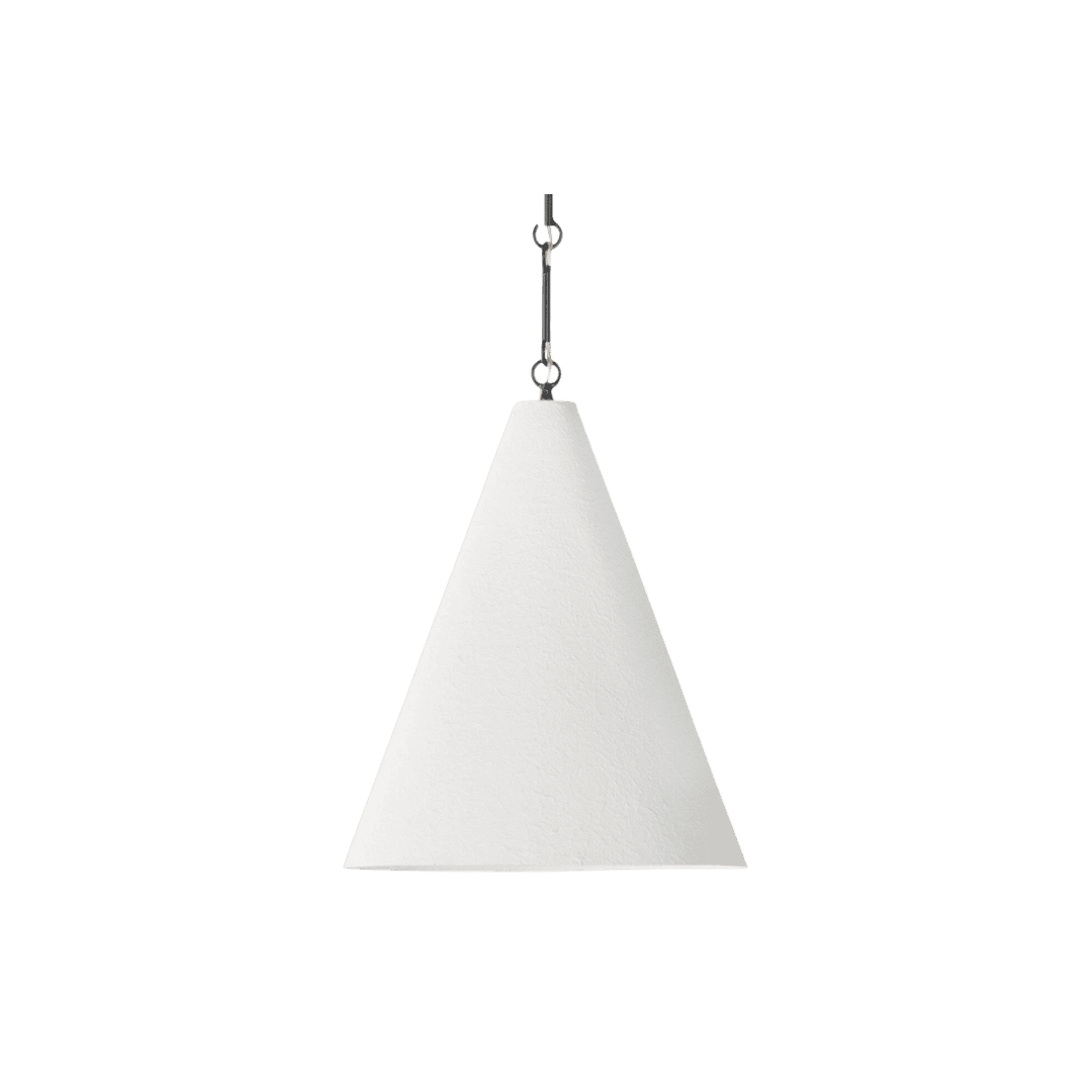 White cone-shaped pendant light shade suspended by a metal chain.