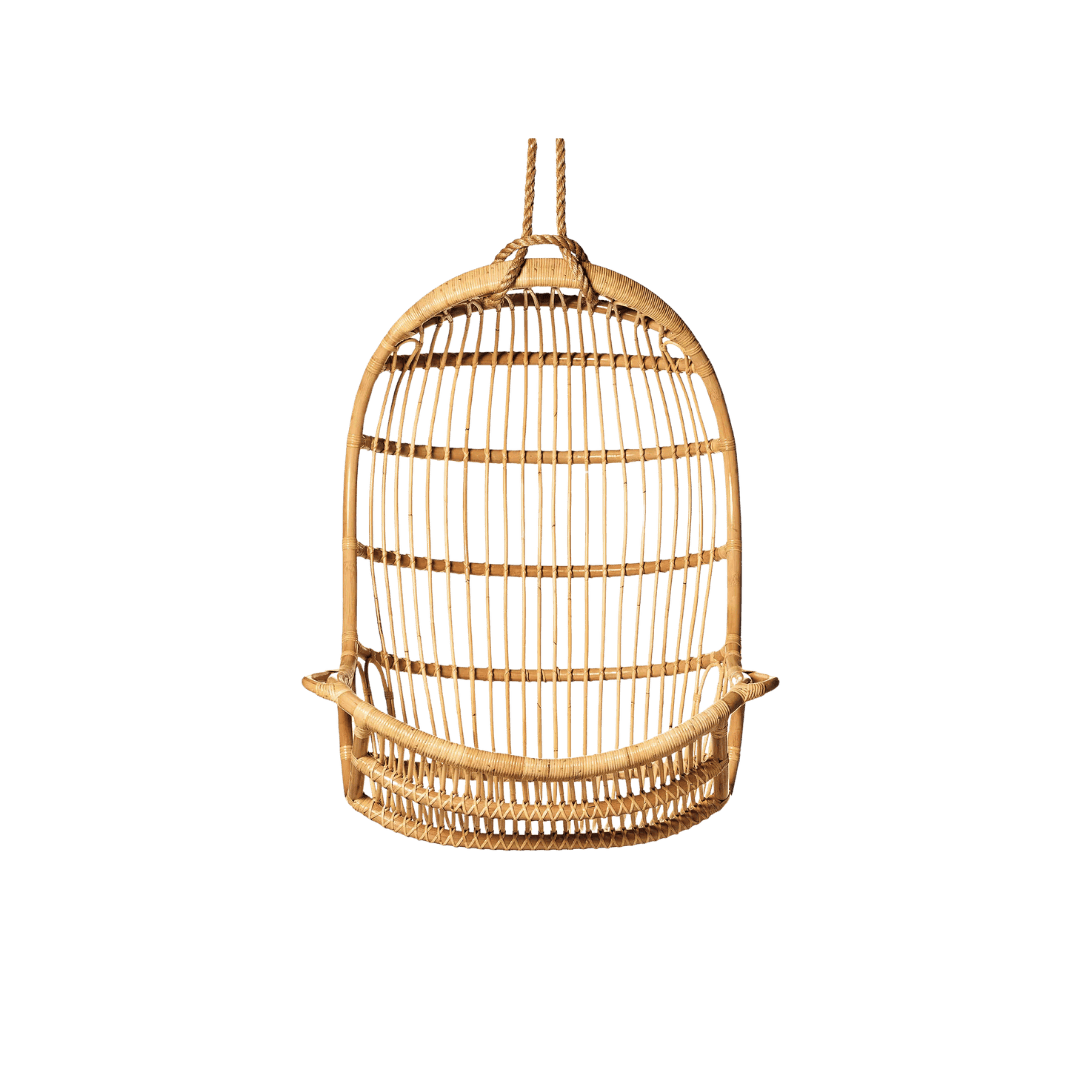Wicker hanging chair with a rounded back, suspended by two ropes against a green background.