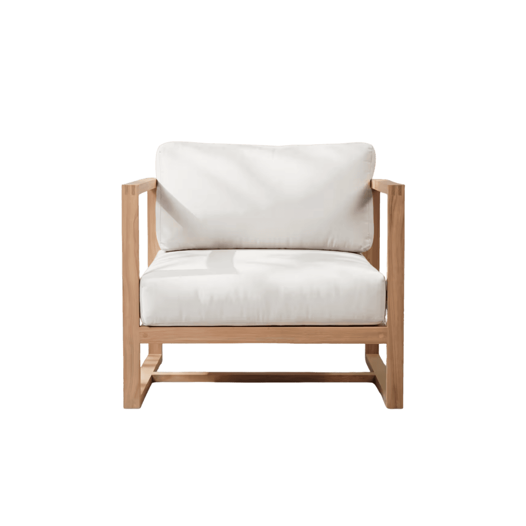 Wooden framed armchair with white cushions, minimalist lounge chair.