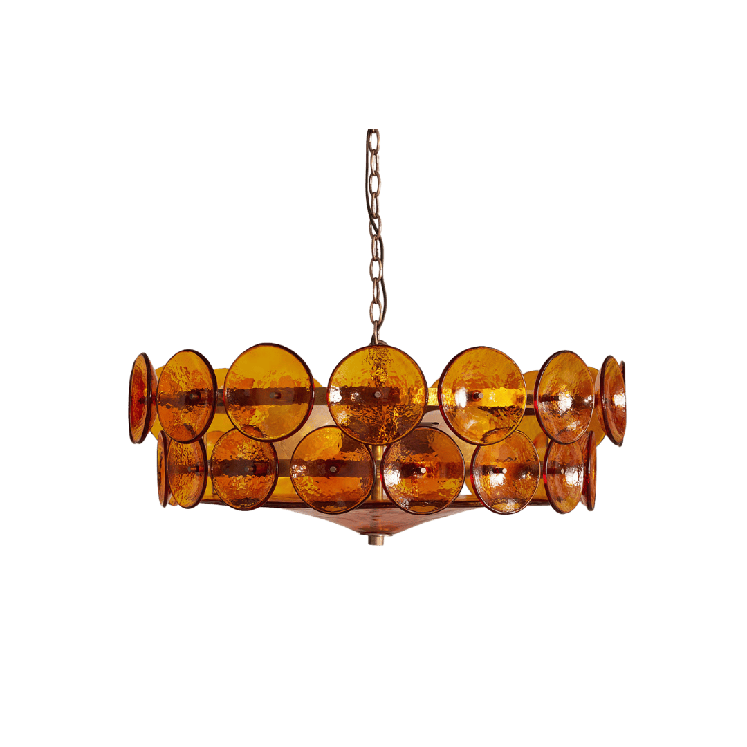 Amber glass disc chandelier hanging from a metal chain