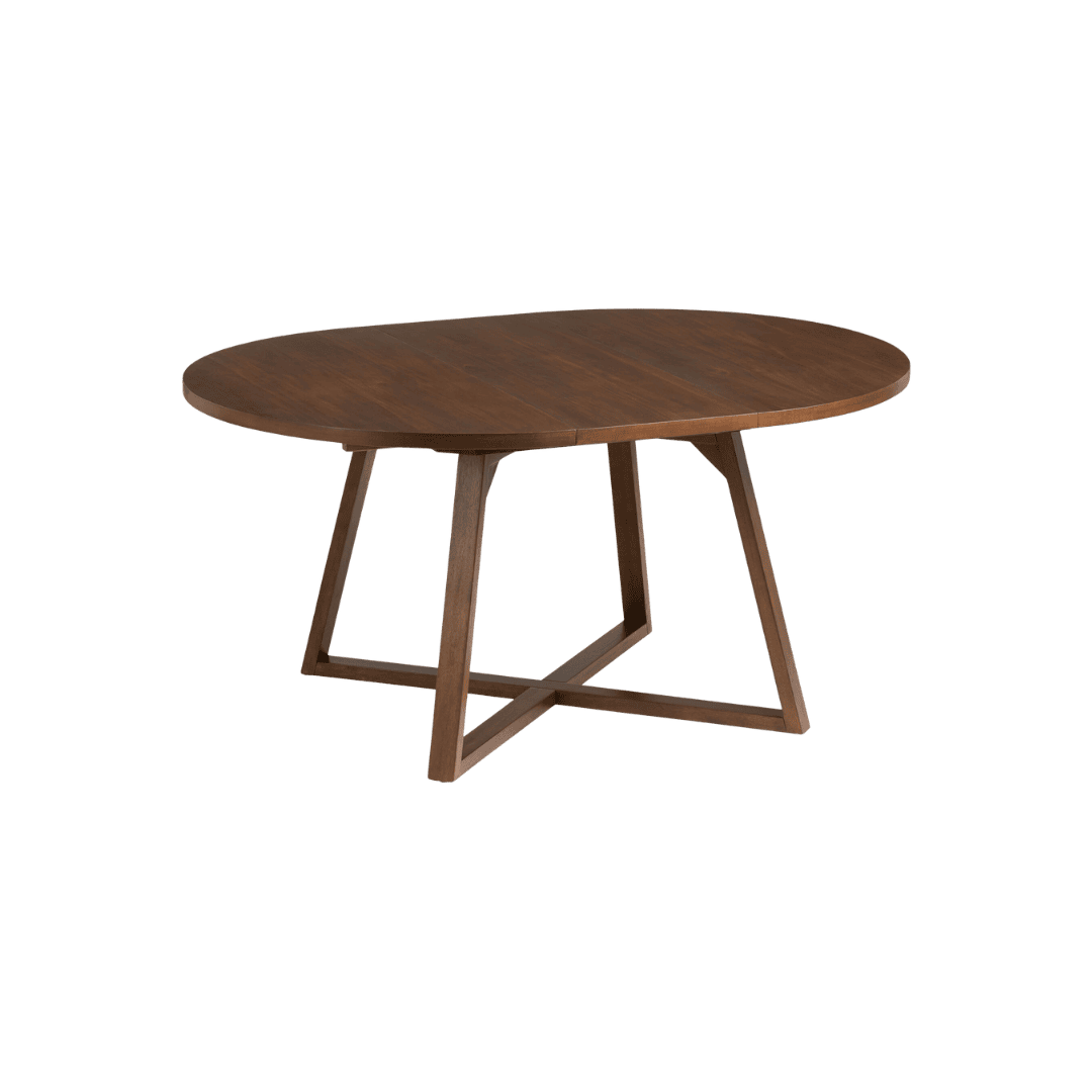 Round wooden dining table with a warm brown finish and angled pedestal legs.