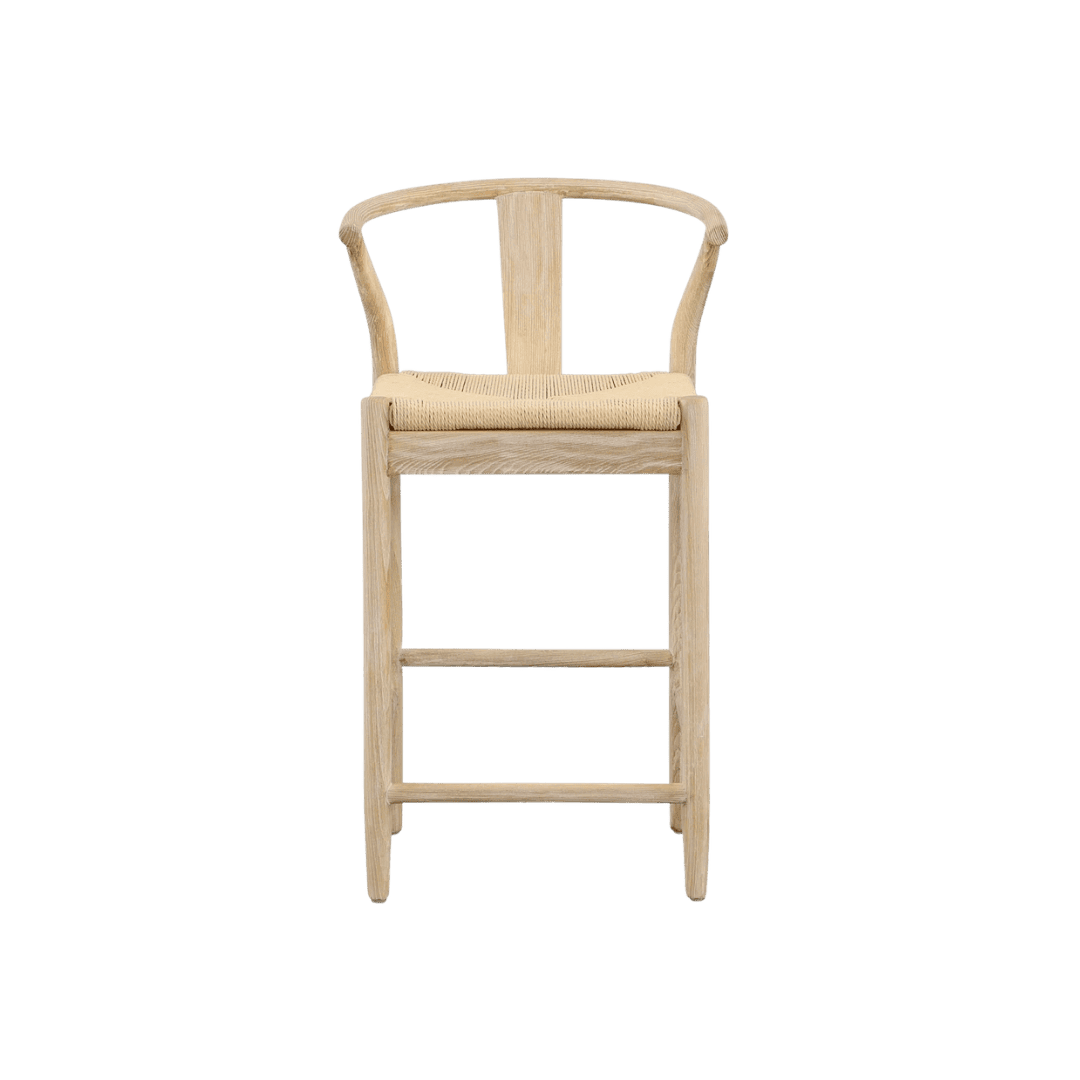 Tall wooden bar stool with woven seat and curved backrest, light natural finish