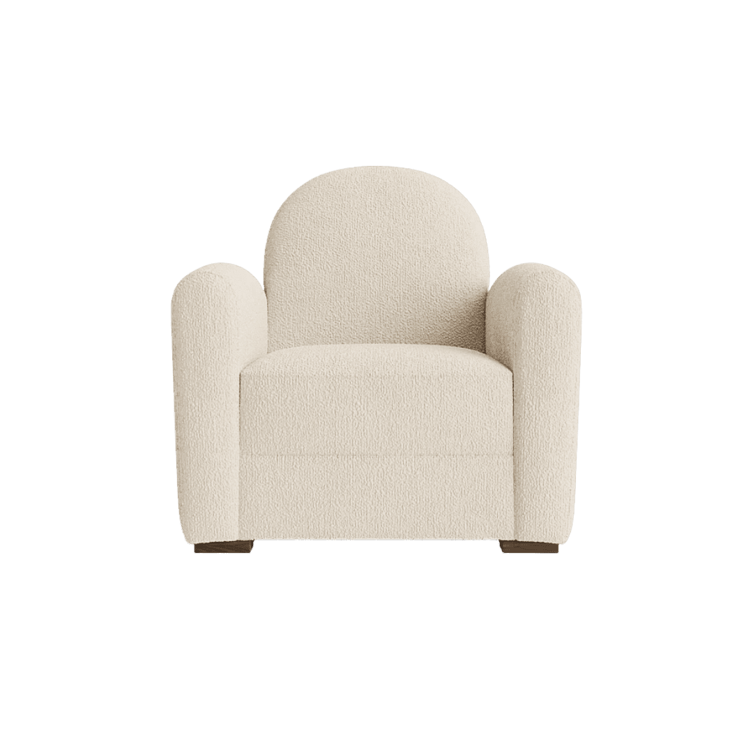 Cream boucle armchair with rounded back and arms, neutral beige upholstery and short wooden feet