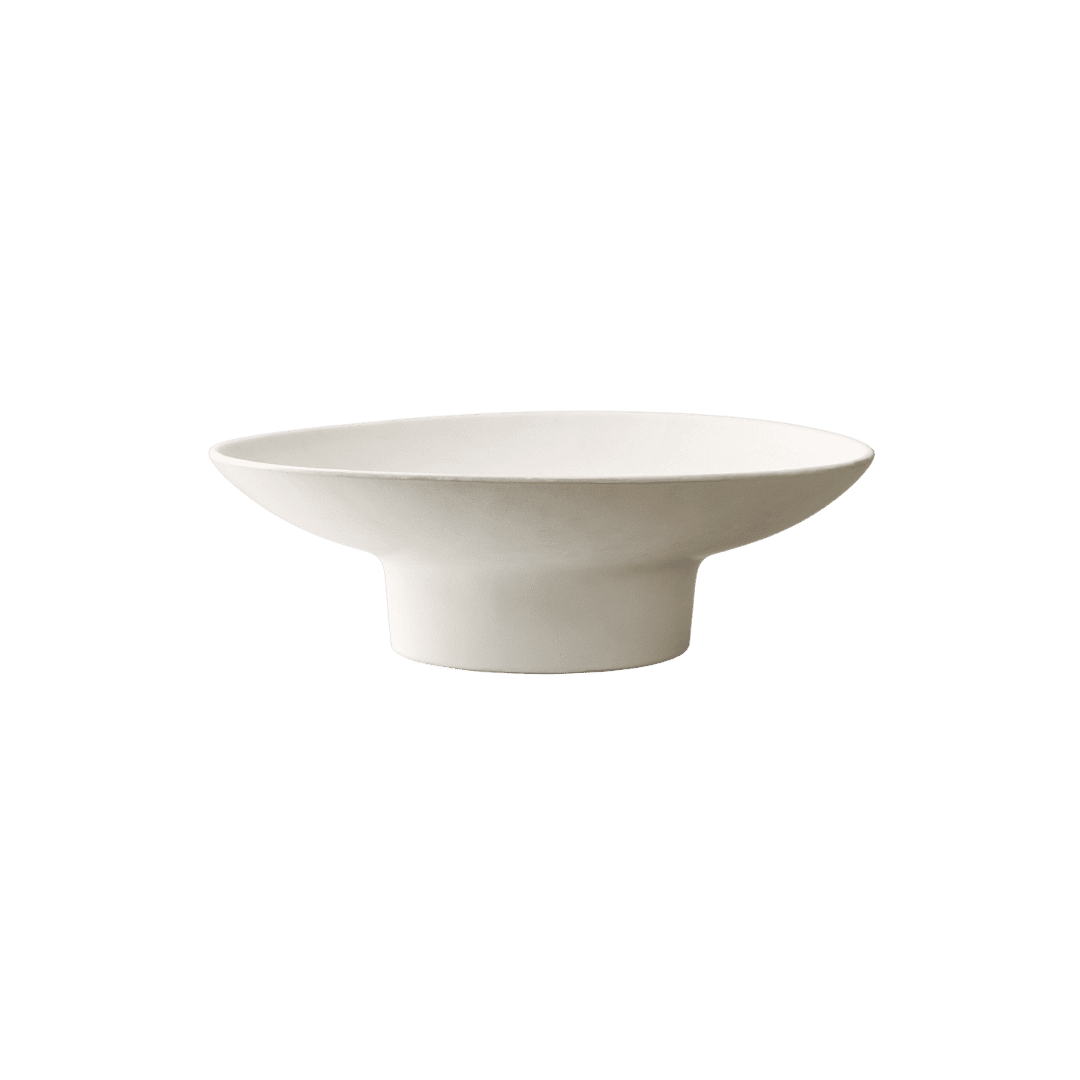 White pedestal bowl with a wide shallow dish on a short stem, empty and ready for serving or display.
