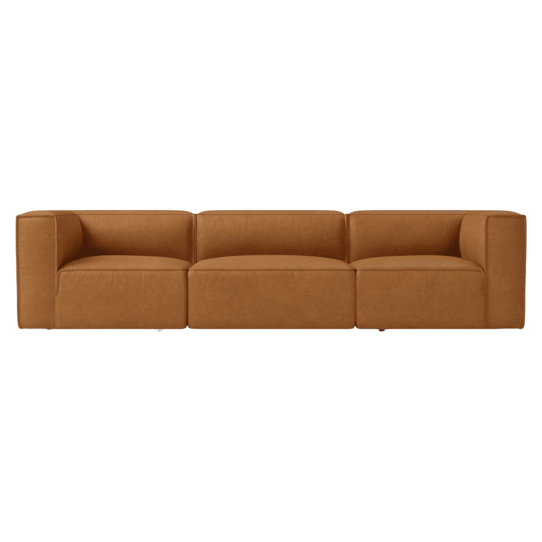 Brown modular sofa with three seat cushions and square arms, stretched across the frame.