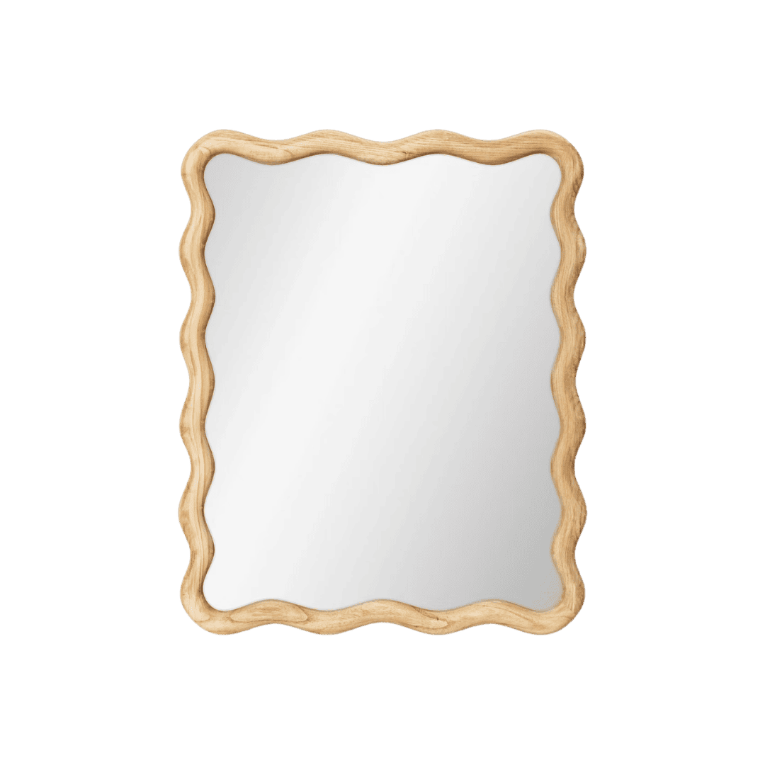 Rectangular wall mirror with a wavy natural wood frame against a plain background