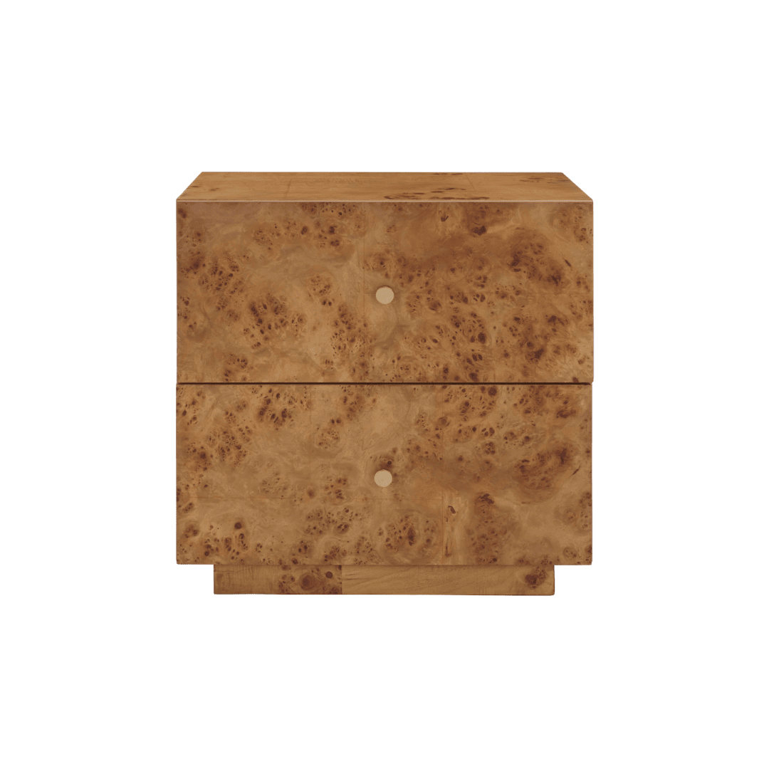 Two-drawer burl wood chest with round recessed pulls.