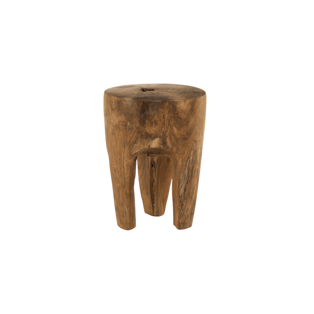 Round rustic wooden stool carved from a single log with three legs