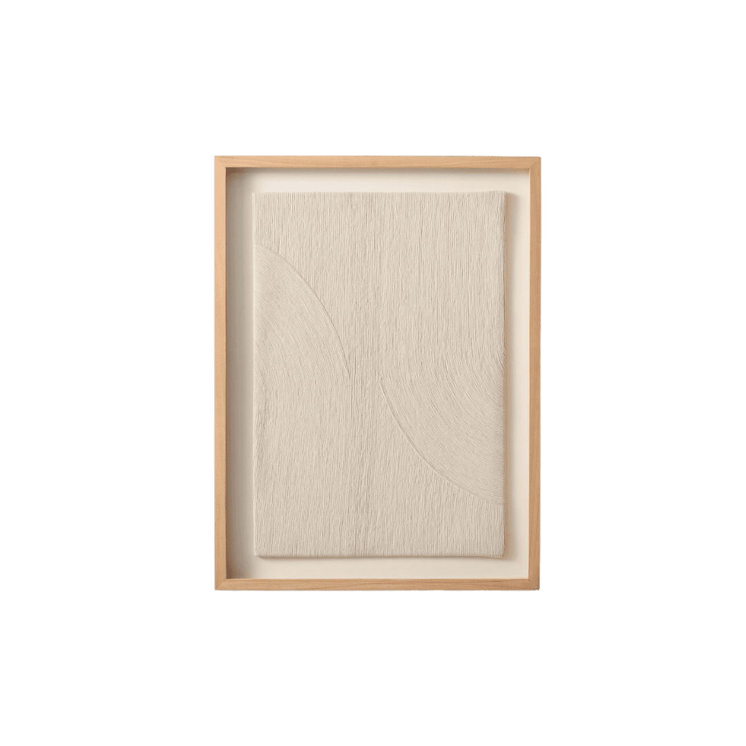 Beige textured panel with curved embossed lines inside a light wooden frame (minimal art). Framed minimalist art: a cream, textured panel with intersecting curved lines in a wooden frame. Neutral textured canvas in a wooden frame featuring soft curved engravings. Cream relief artwork: embossed curves on a textured panel set in a simple wood frame. Minimalist wall art: small beige textured panel with curved arc shapes inside a natural wood frame.