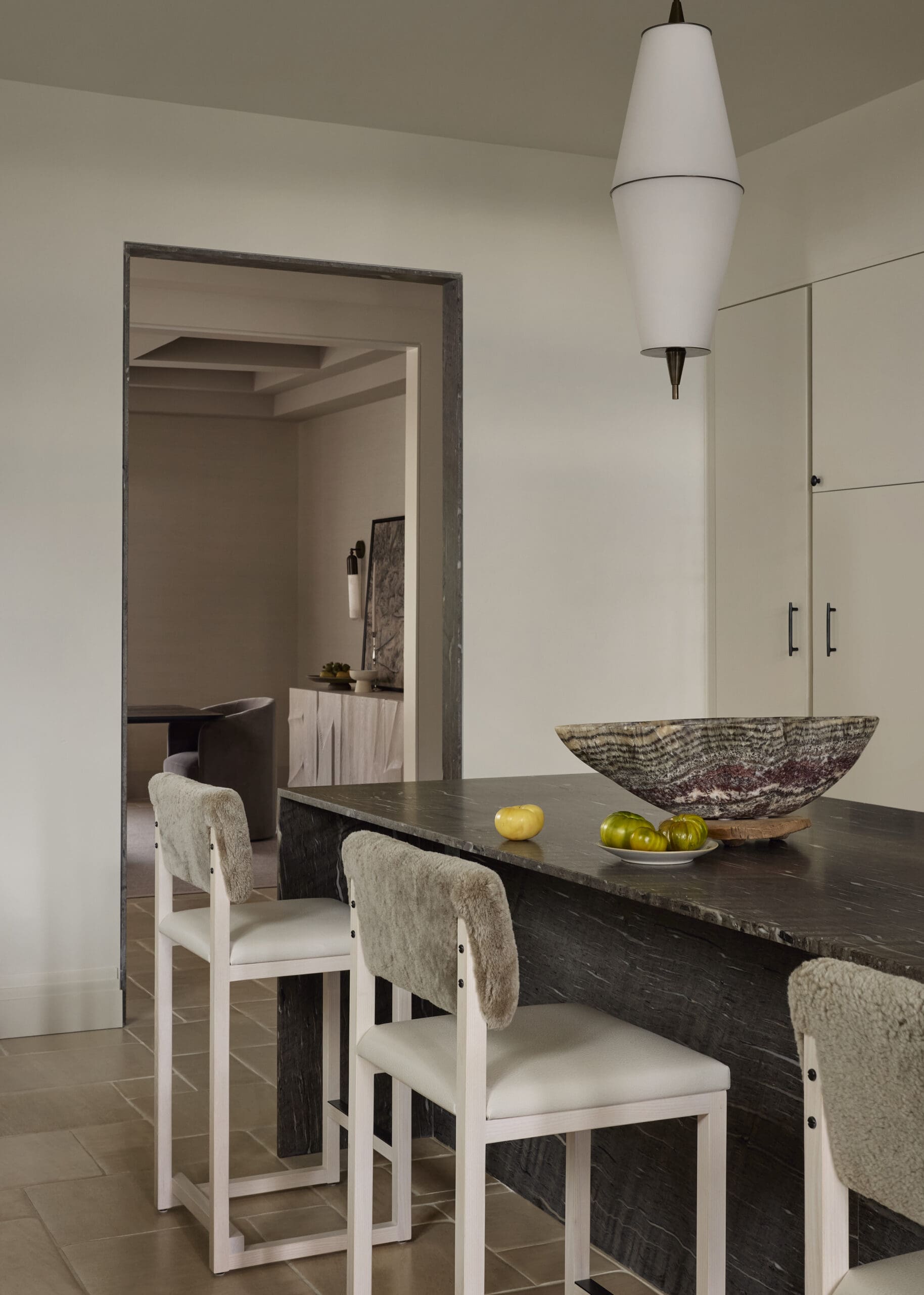 Kitchen island and white stools